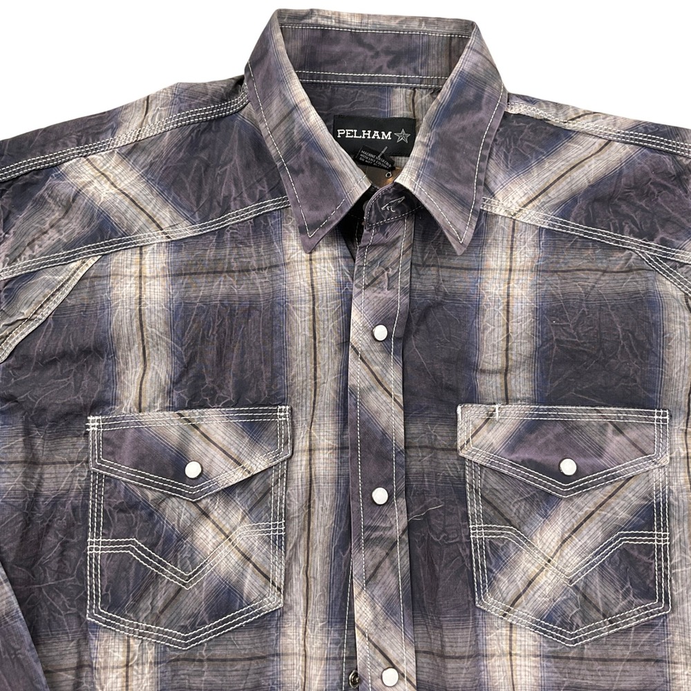 PELHAM Shirt Mens 2XLT Gray Blue Purple Plaid‎ Long Sleeve Western Snap Crinkle